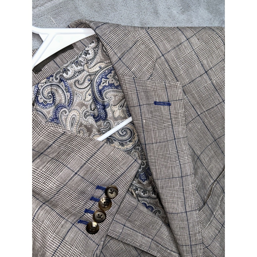 J Hilburn Sport Coat Mens Size 41rR Brown Plaid  Linen Hemp Two Button Blazer